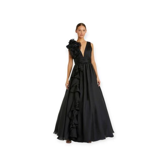 Mac Duggal Black Ruffle Shoulder V-Neck Chiffon Gown - Picture 1 of 14
